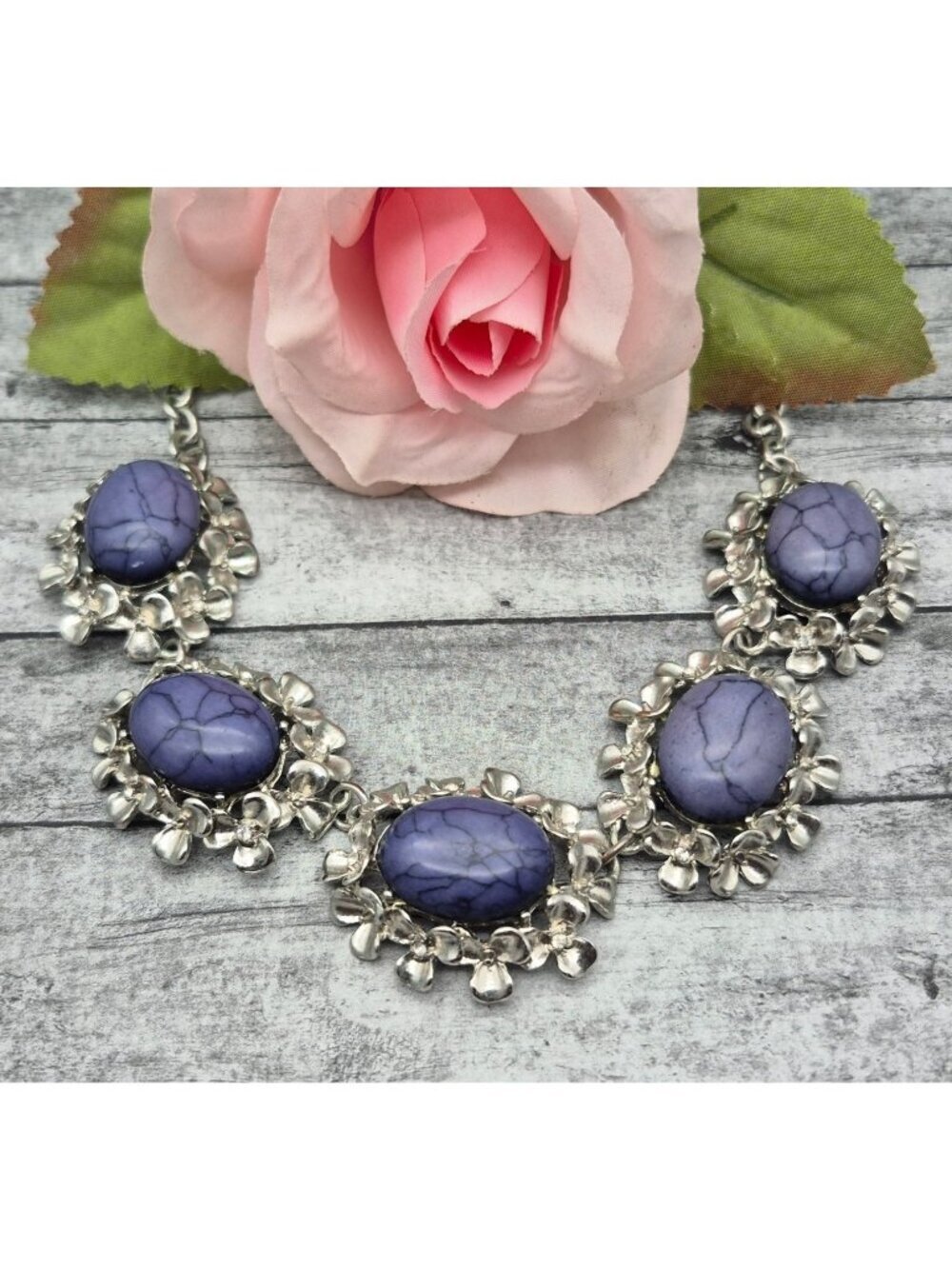Silver-Tone Necklace W/ Purple Marble Stones & Floral Accents 21" Chain Length